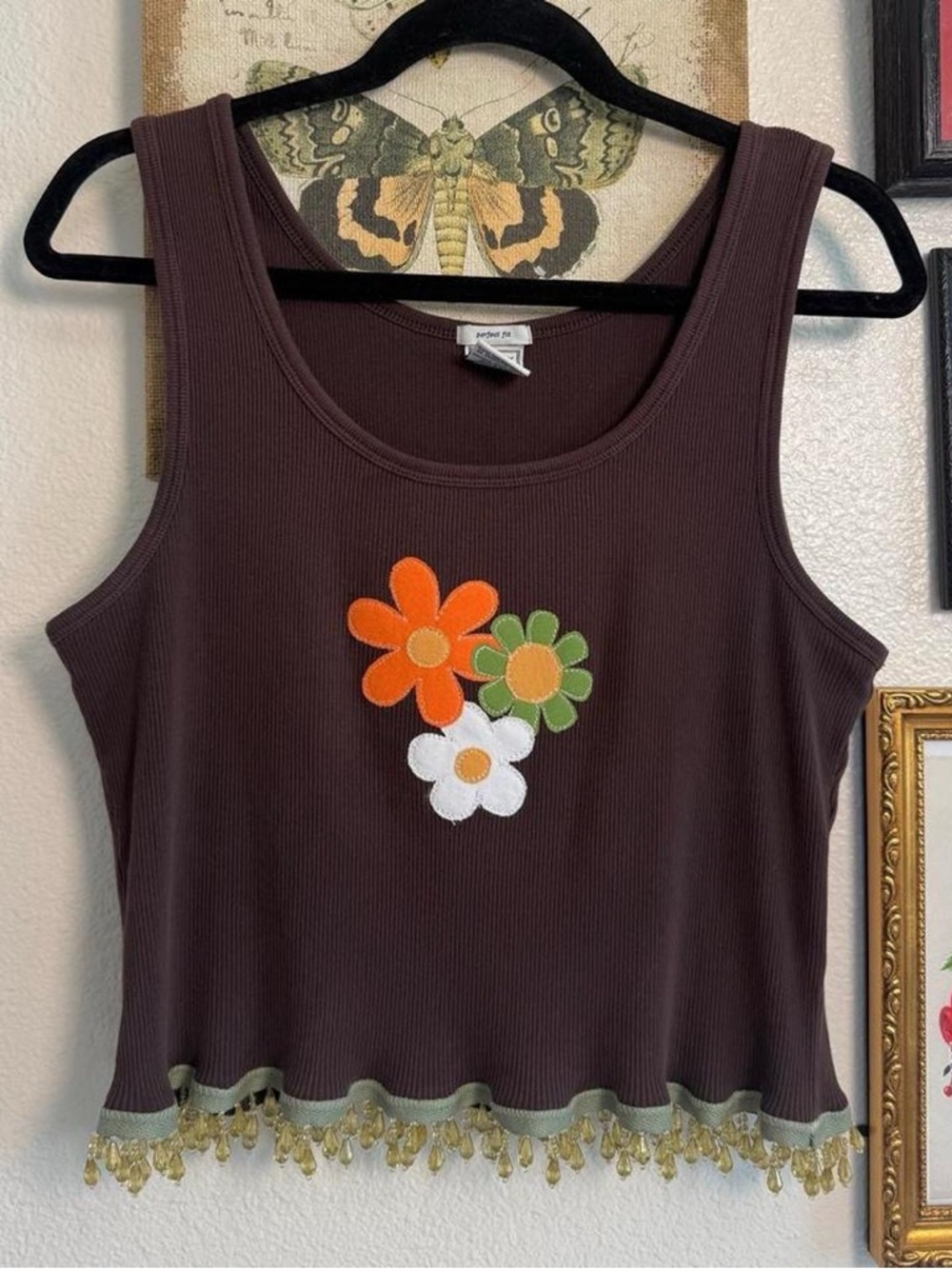 70’s inspired floral brown tank top beaded trim embellished hem LARGE